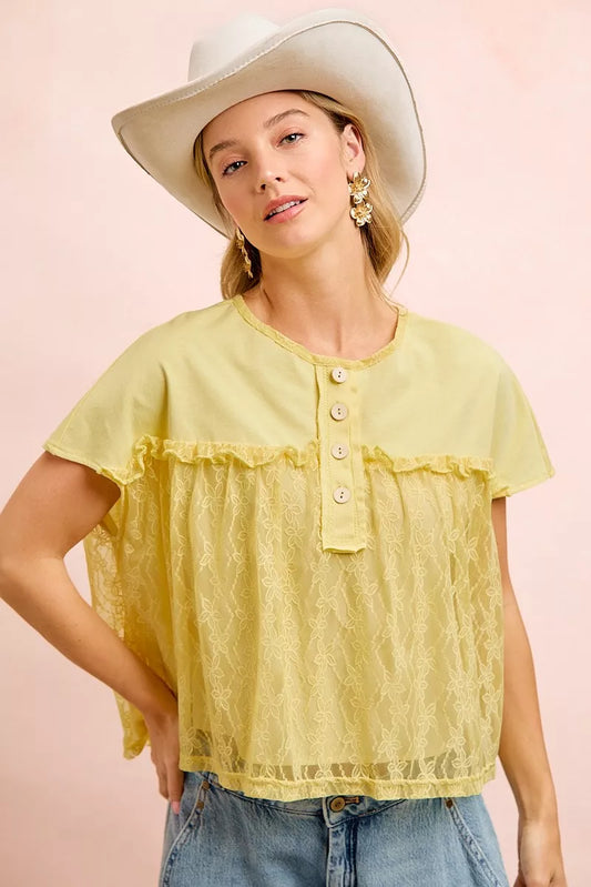 BiBi Solid Jersey With Lace Combo Ruffled Buttoned Top