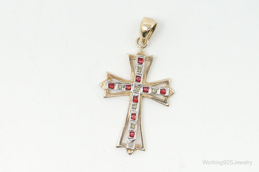 Vintage Designer SLC Ruby Rhinestone Gold Vermeil Cross Sterling Silver Pendant