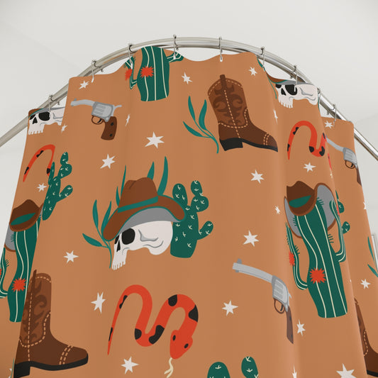 Western Desert Shower Curtain — Cowboy Skull, Cactus & Boots Bath Decor