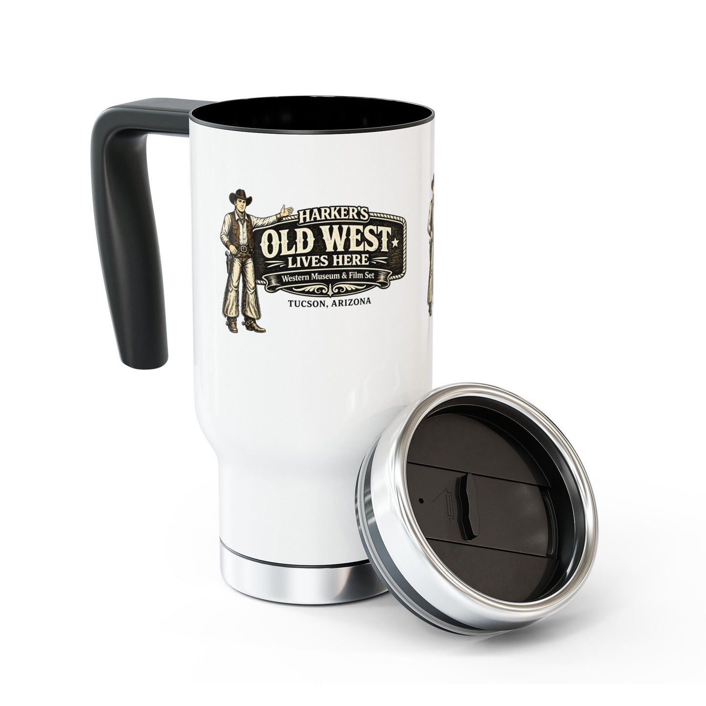 Harker's Old West Cowboy Travel Mug - 14oz Stainless Steel Tumbler with Handle