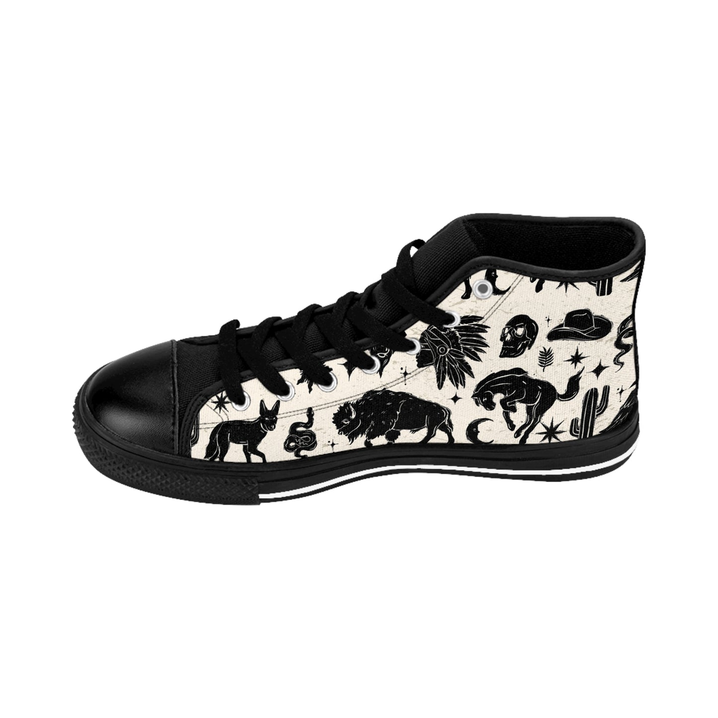 Desert Night Bohemian High-Top Sneakers, Vintage Style Footwear, Black and White Patterned Shoes, Ideal for Festivals, Casual Outings