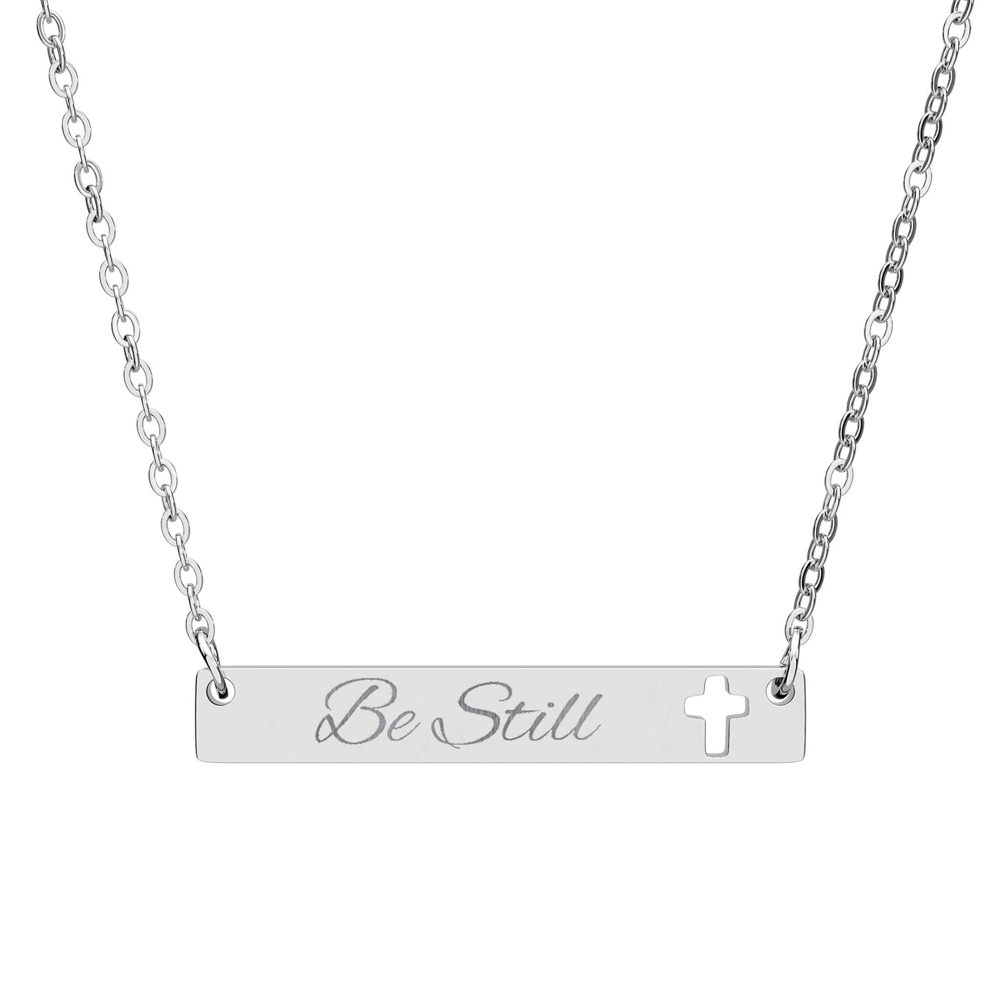 Be Still Engraved Cutout Cross Bar Necklace - 'Be Still' Inspirational Jewelry