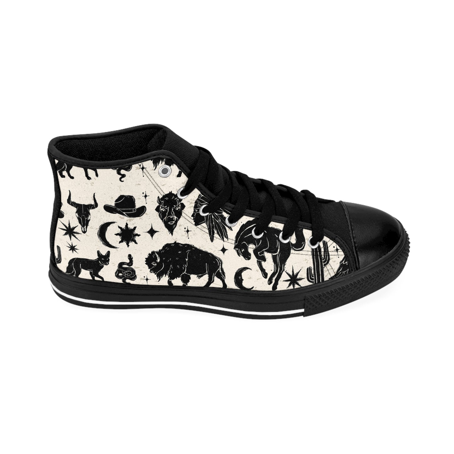 Desert Night Bohemian High-Top Sneakers, Vintage Style Footwear, Black and White Patterned Shoes, Ideal for Festivals, Casual Outings