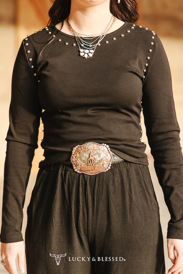 New-Black Long Sleeve Concho Studded Seam Top