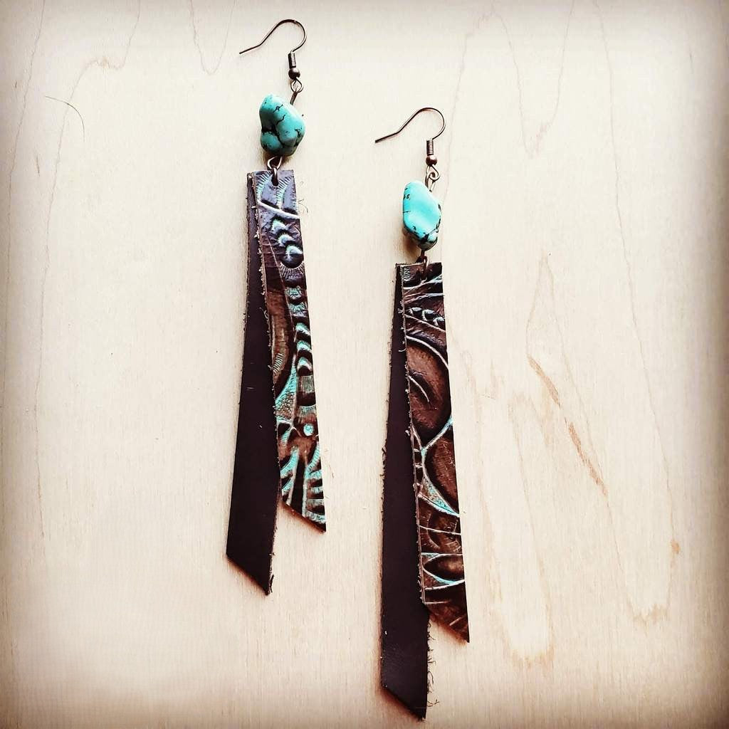 **Leather Rectangle Earrings in Turquoise Brown Floral 203e