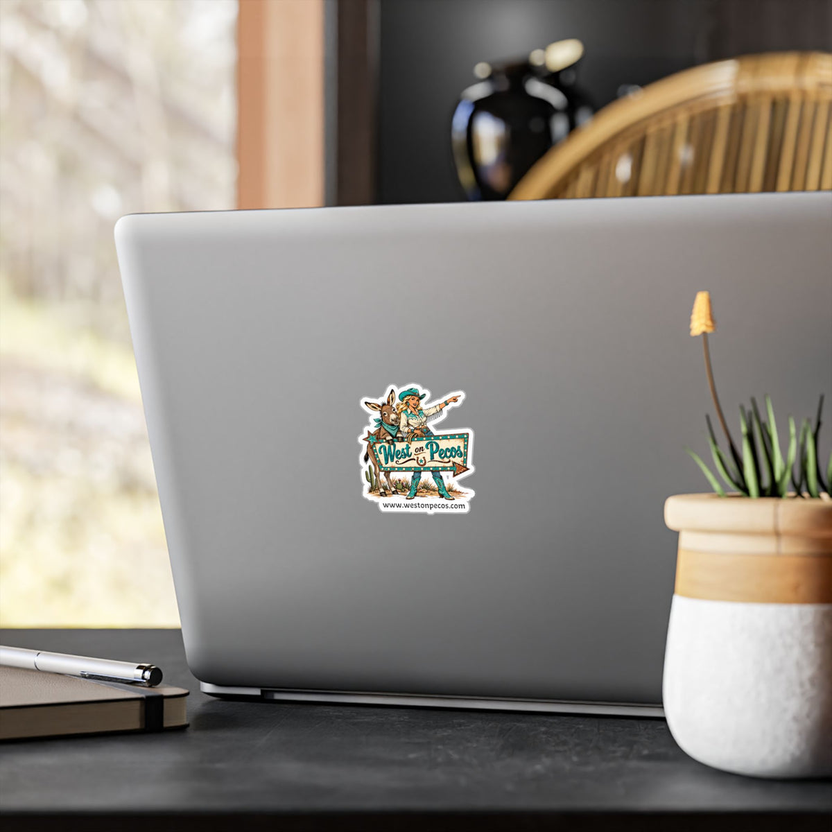 West on Pecos Cowboy Sticker — Kiss-Cut Vinyl Decal with Cowgirl & Donkey