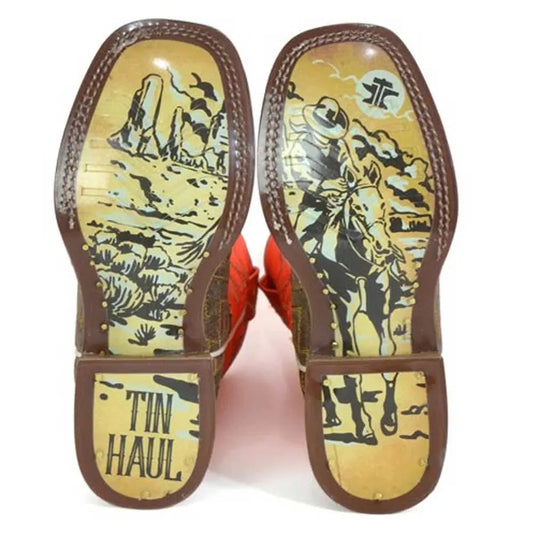 Tin Haul Neon Thunder / Desert Rider Sole (Orange) - Little Kids/Big Kids Leather Cowboy Boots