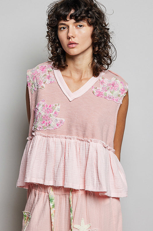 POL Floral Patch Ruffled Sleeveless Top with Raw Edge Detail in Pink