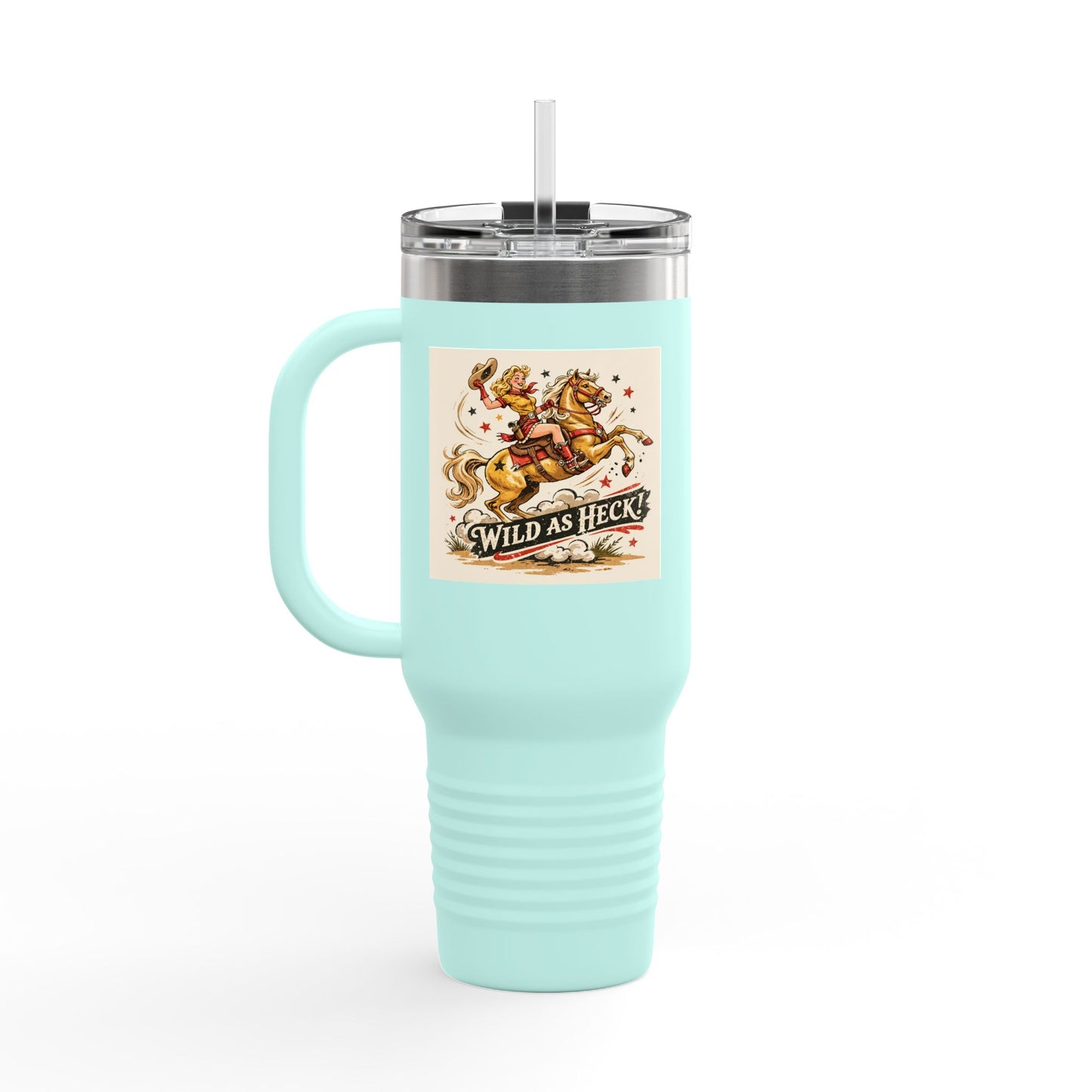 Wild As Heck 40oz Insulated Travel Mug — Retro Rodeo Horse Design
