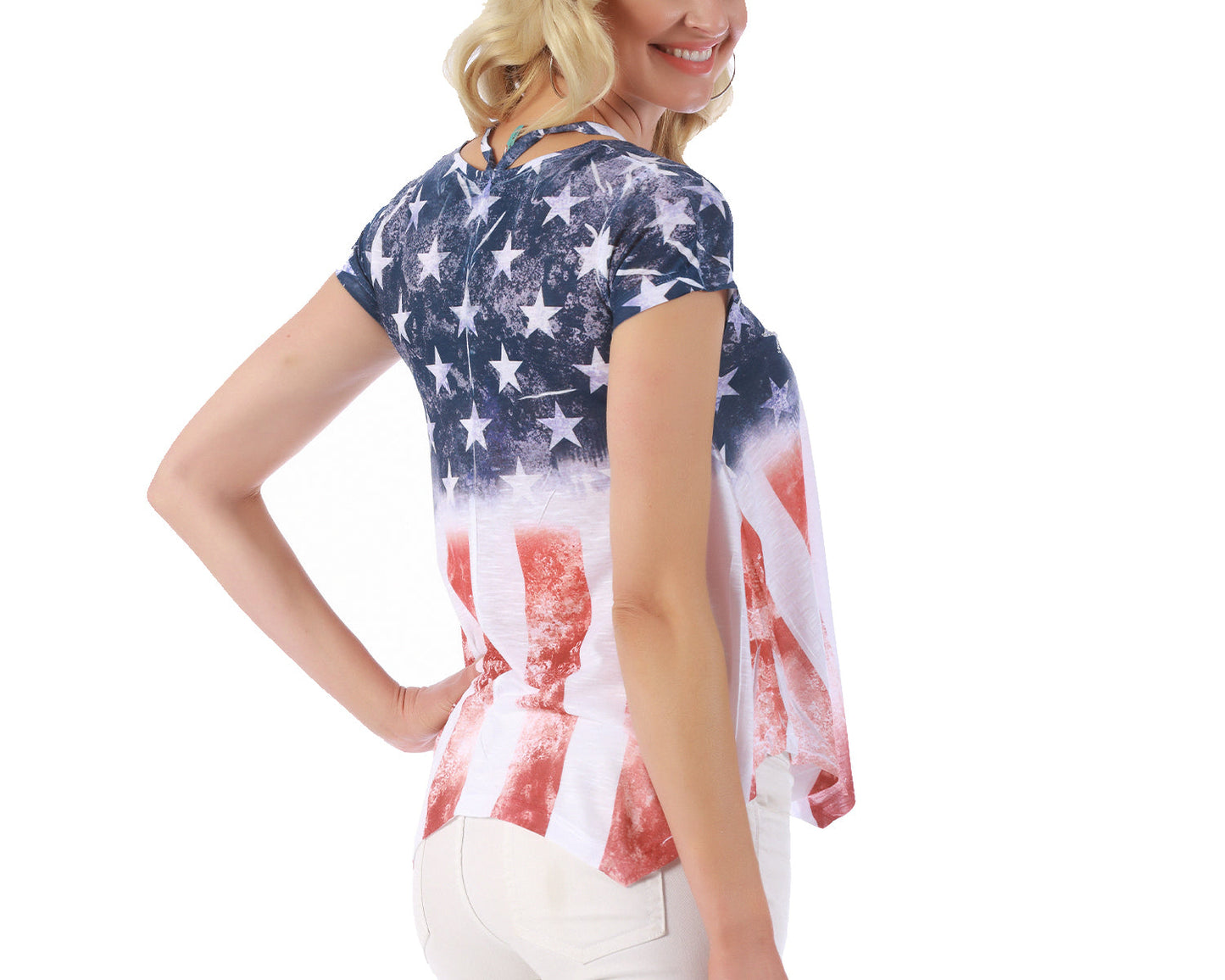 American Flag V-Neck Top with Cap Sleeves - 153707