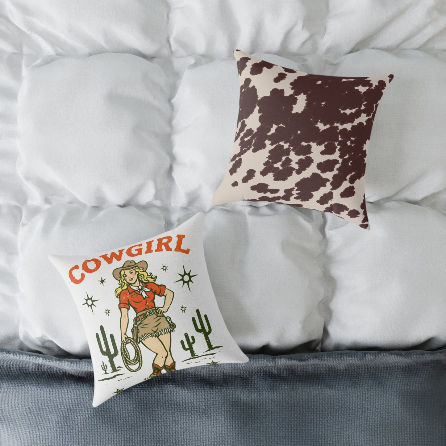 Cowgirl Western Throw Pillow — Cowhide Pattern Square Accent Pillow