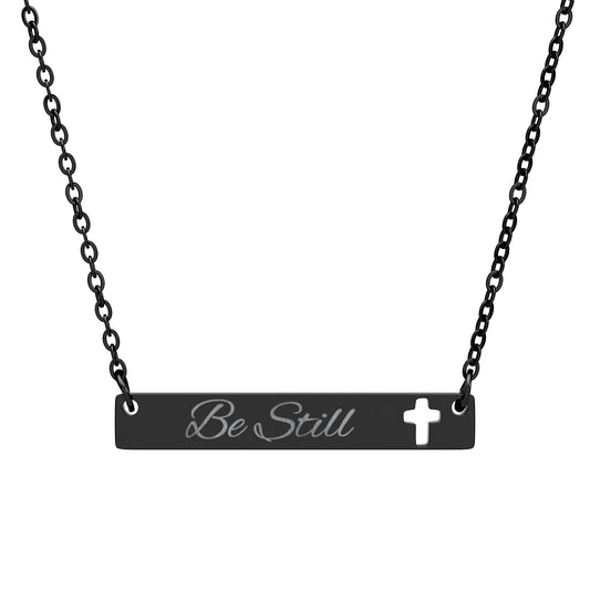 Be Still Engraved Cutout Cross Bar Necklace - 'Be Still' Inspirational Jewelry