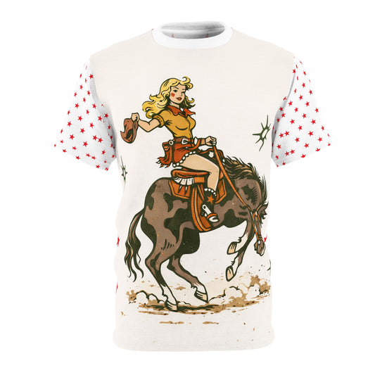 Cowgirl Retro Rodeo Tee — Vintage Bucking Bronco All-Over Print Shirt