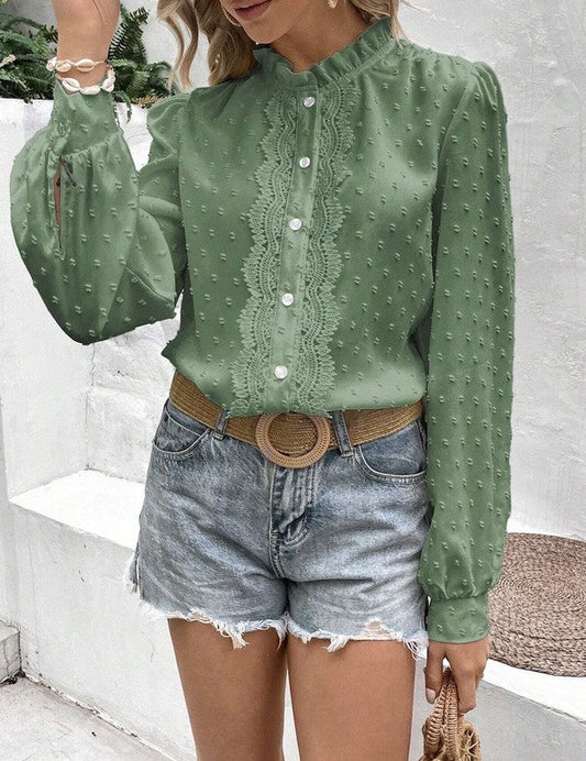 Miss Sparkling | Swiss Dot Lace Frill Neck Blouse – Vintage-Inspired Cottagecore Top