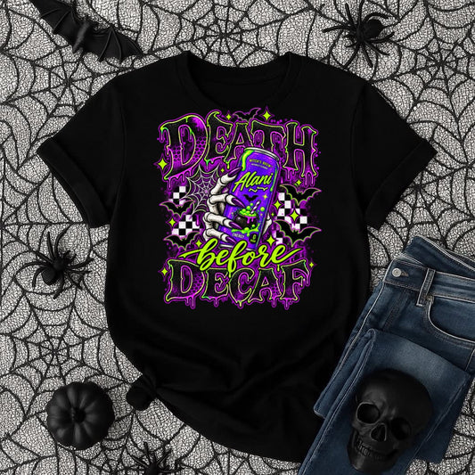 Death Before Decaf Halloween Graphic Tee