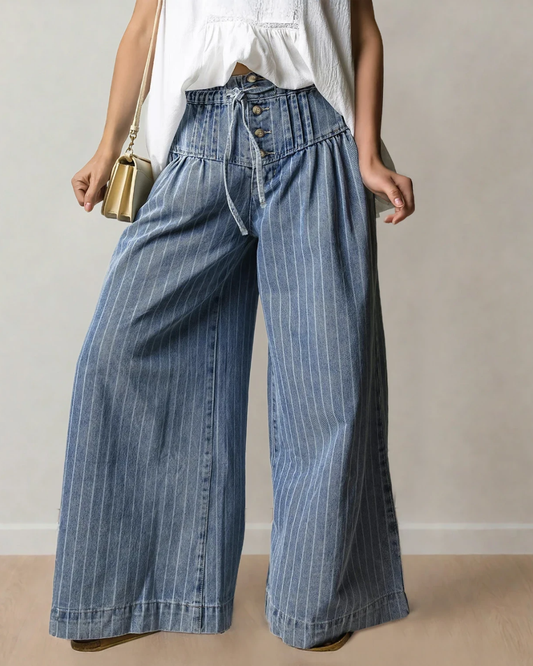 PREORDER - Cora Stripe Button Pleated Drawstring Waist Casual Wide Leg Jeans