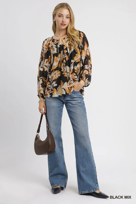 Umgee Autumn Leaf Print Balloon Sleeve Blouse