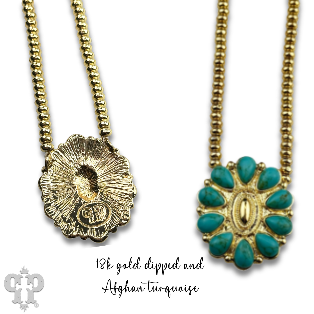 Turquoise concho pendant and 18k gold dipped bead choker necklace