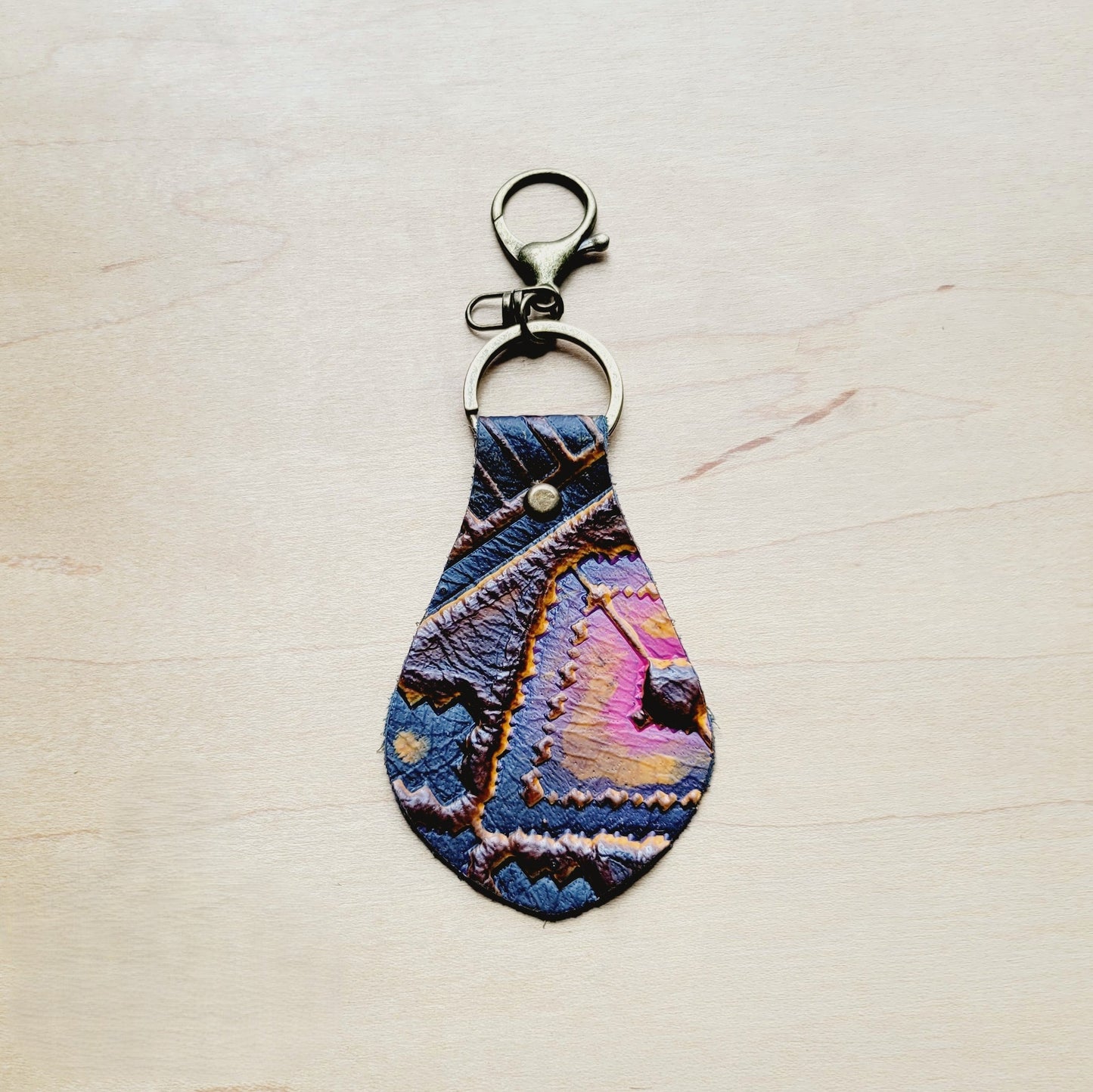 **Embossed Leather Key Chain - Magenta Navajo 703h