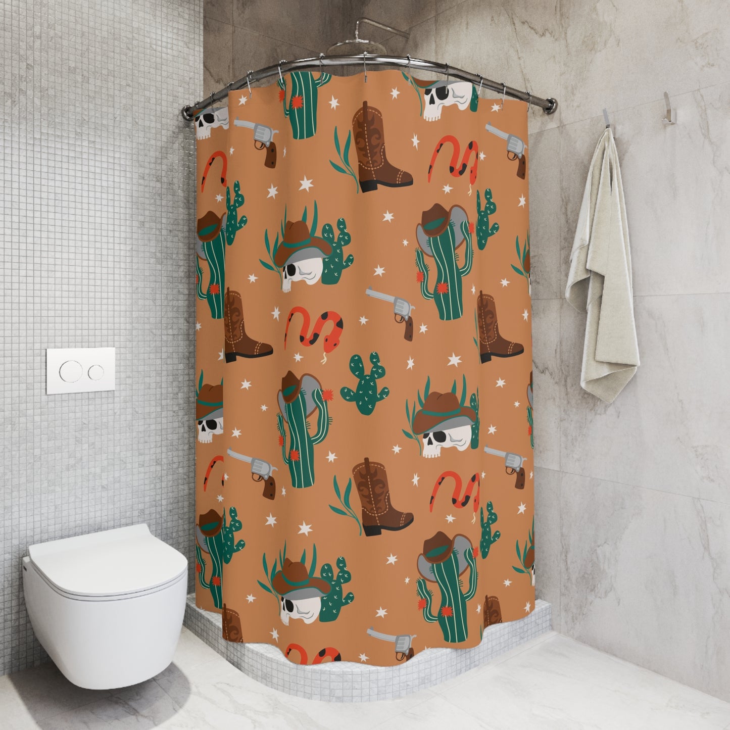 Western Desert Shower Curtain — Cowboy Skull, Cactus & Boots Bath Decor