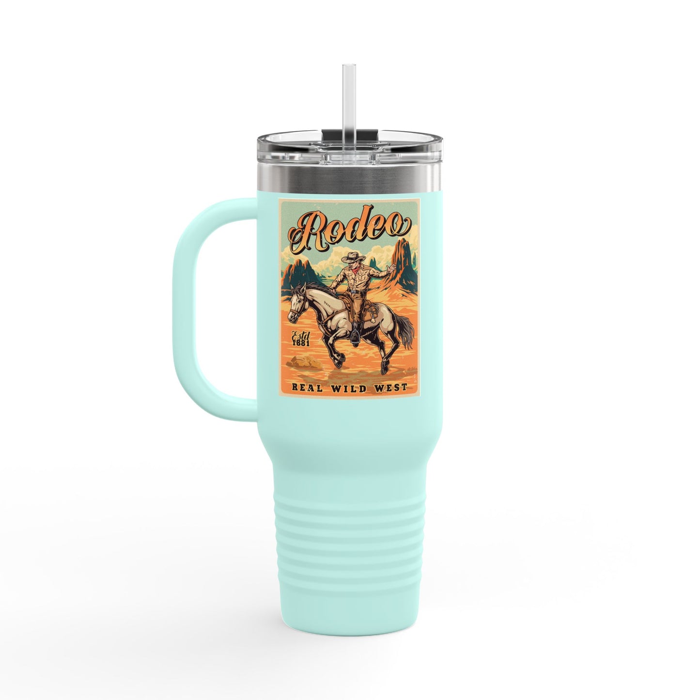 Rodeo Cowboy 40oz Insulated Travel Mug — Wild West Horseback Design