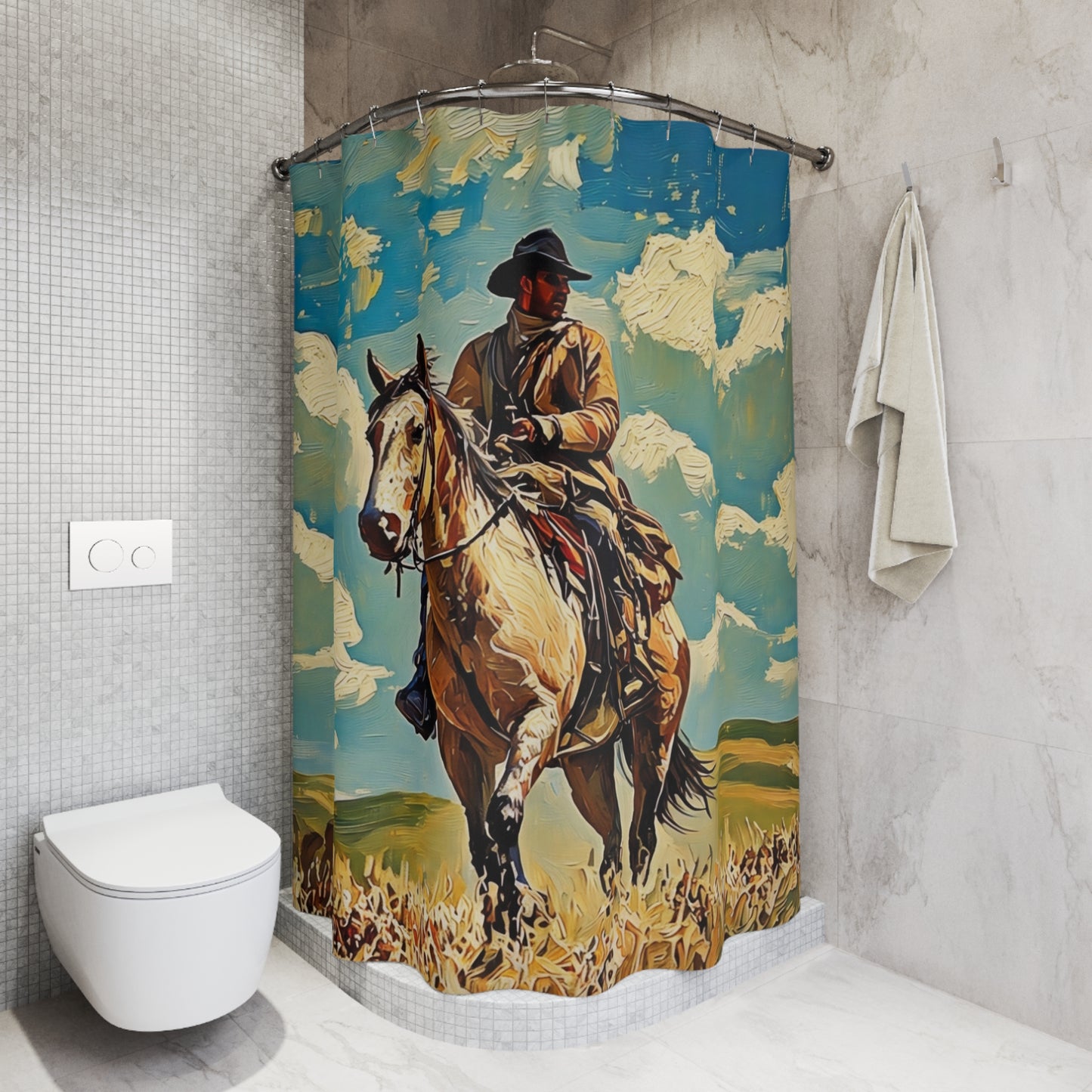 Western Cowboy on Horse Shower Curtain — Rustic Ranch Bathroom Decor