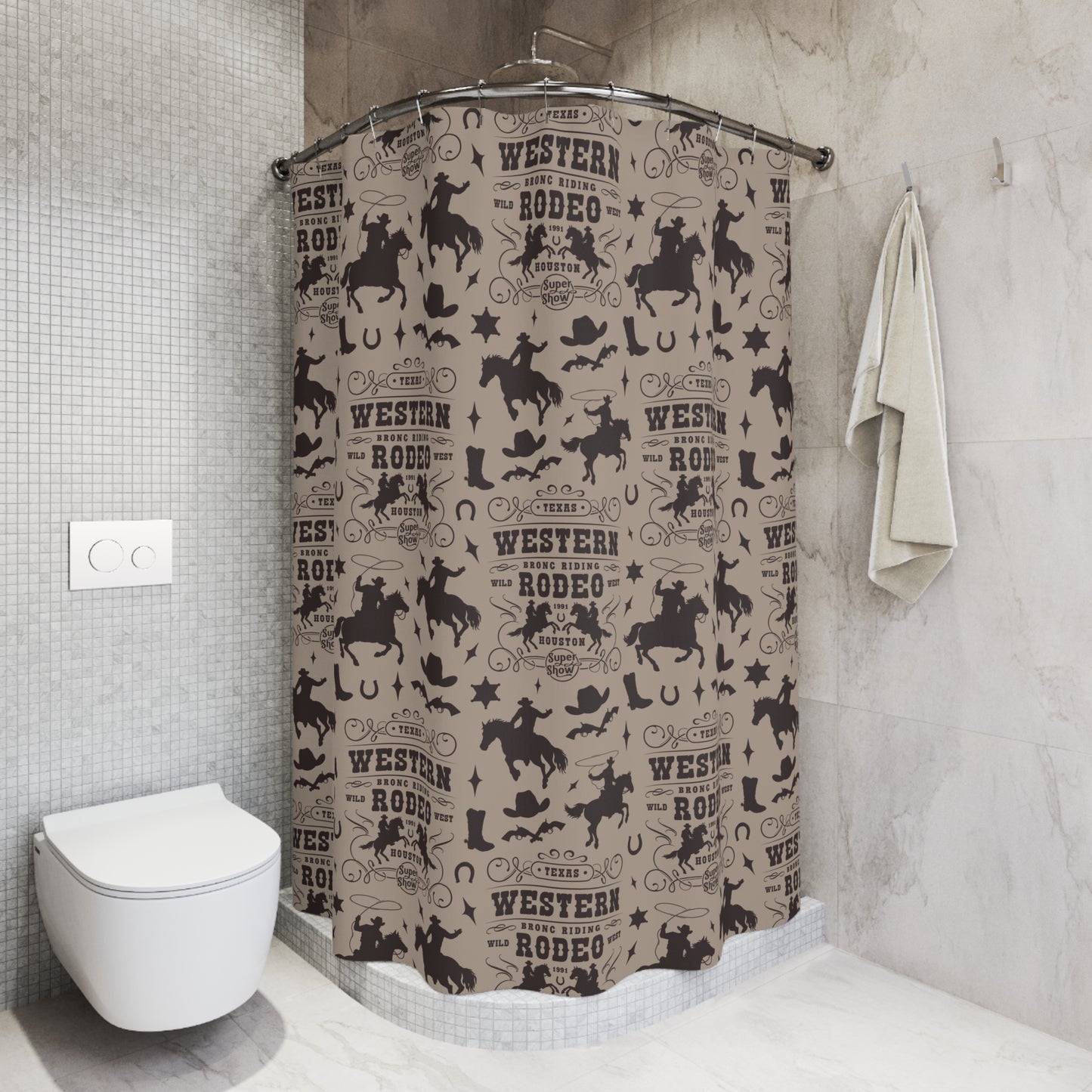 Western Rodeo Pattern Shower Curtain — Cowboy Boots, Hats & Horse Silhouettes