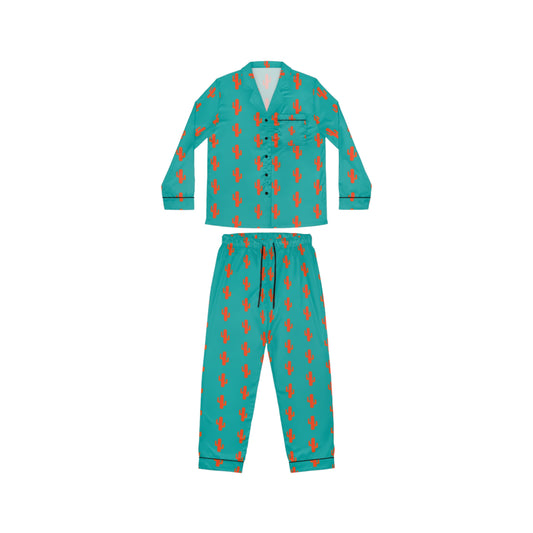 Women's Satin Pajama Set — Teal Retro Cat Pattern Loungewear