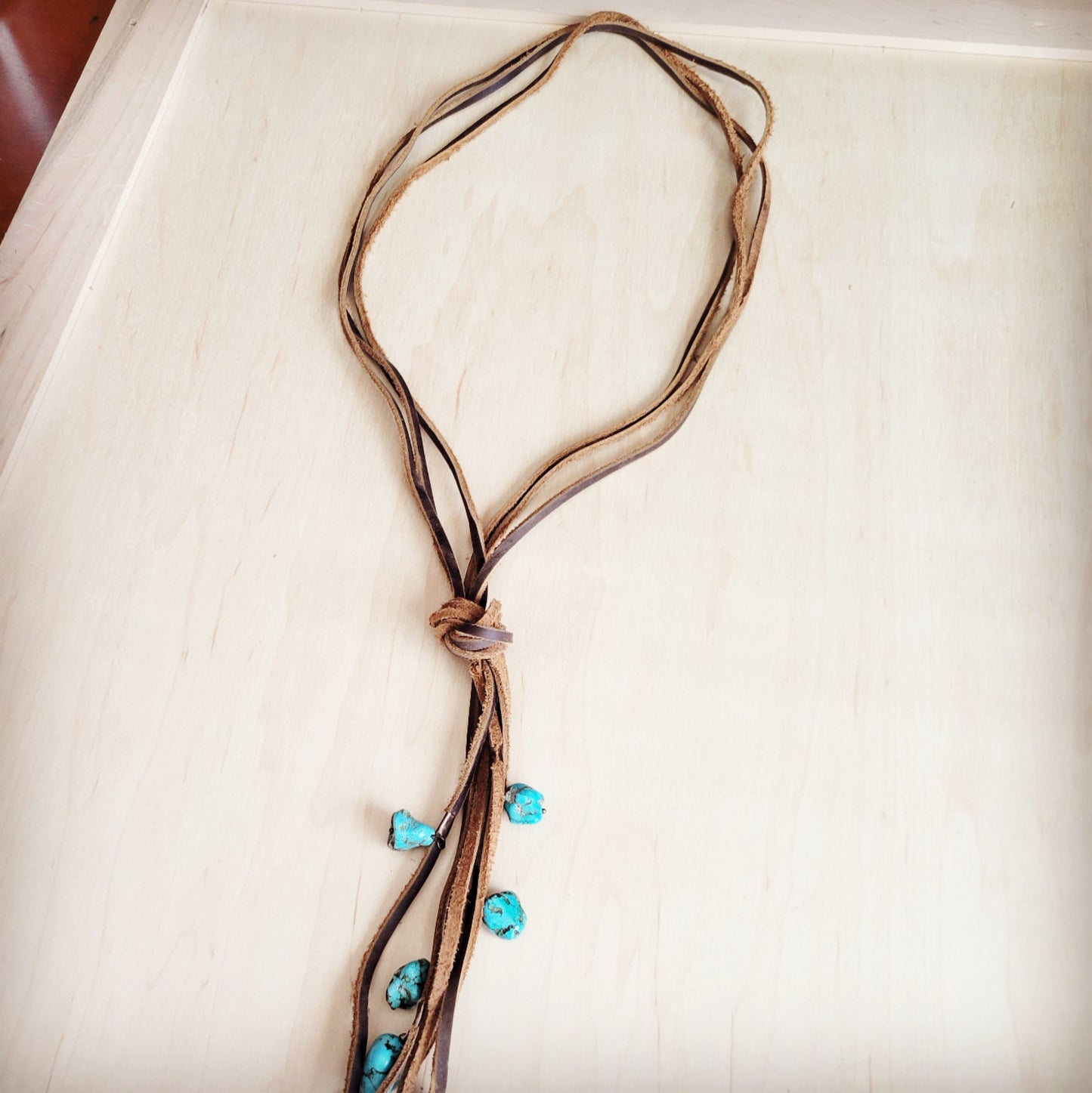 Rustic Knotted Leather Cord Necklace with Turquoise 263g