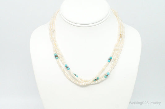 Vintage Native American Turquoise & Pearl Sterling Silver Bead Necklace