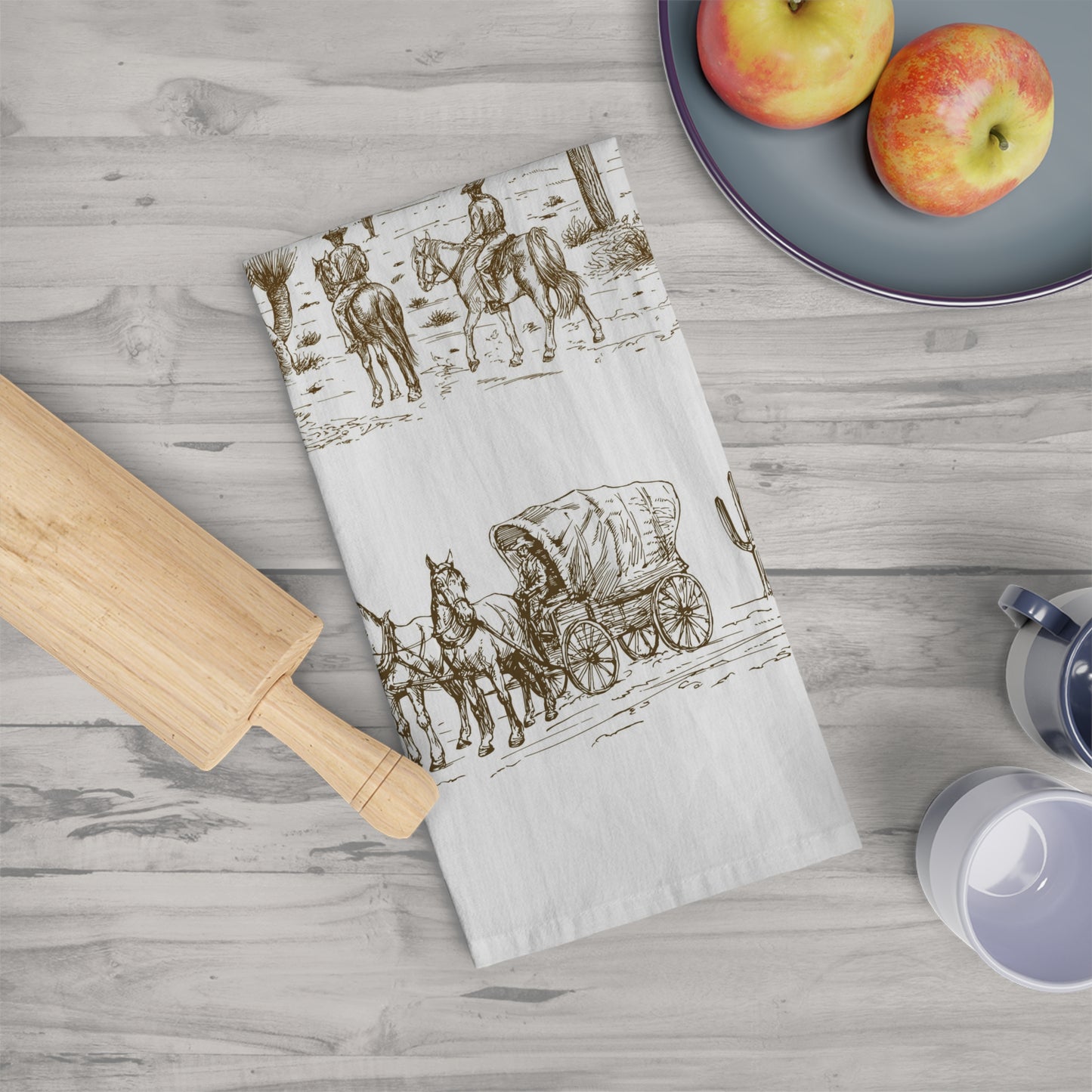 Rustic Western Tea Towel - Vintage Cowboy & Wagon Design