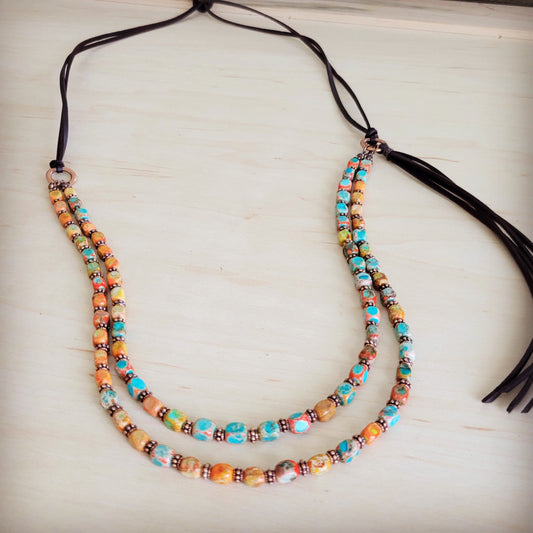 Sunrise Regalite Double Strand Beaded necklace w/ Tassel 264p