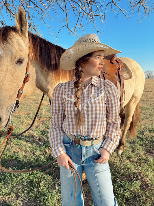 The Tan Gingham Pearl Snap Top- Extra Large