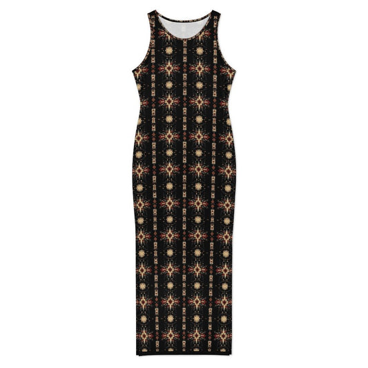 Baha Ranch Black and Tan Aztec Sleeveless Bodycon Side Slit Maxi Dress