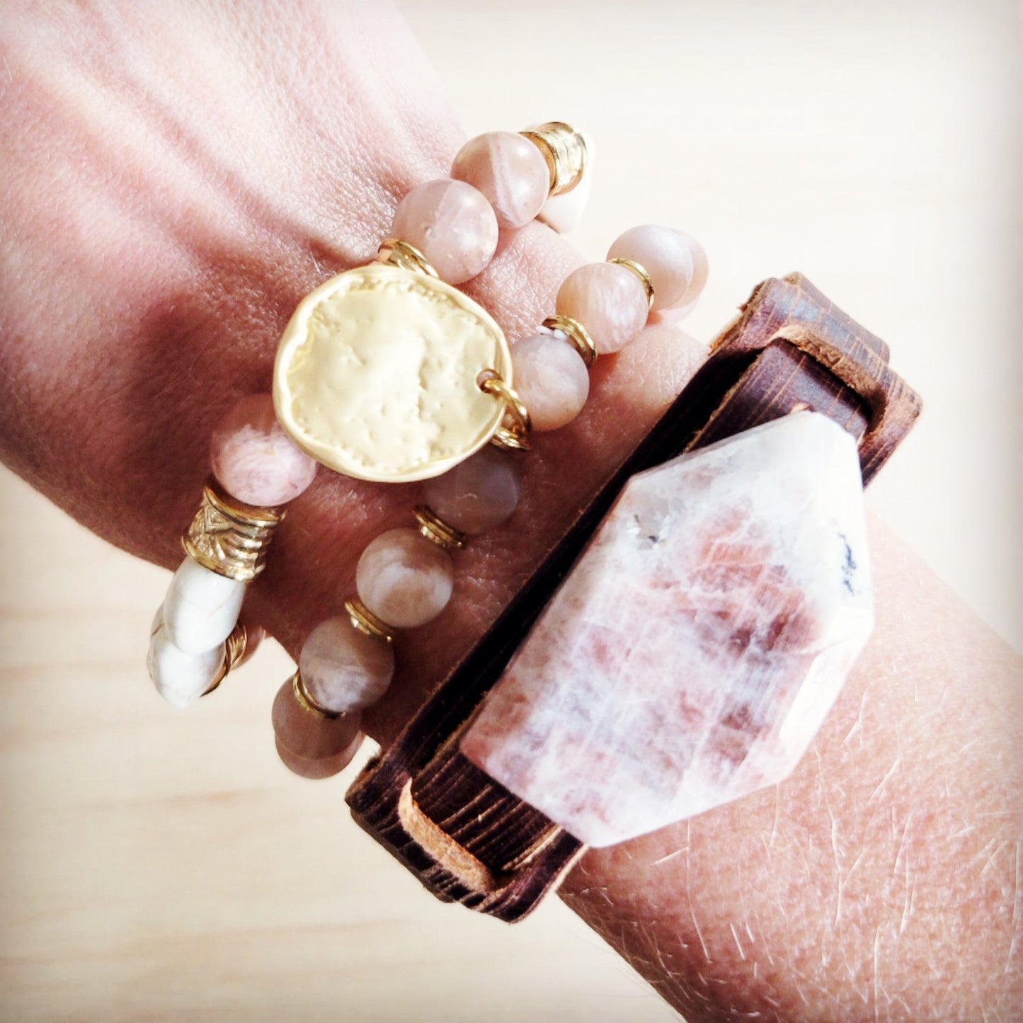 Sunstone Slab Narrow Leather Cuff Bracelet 001ab