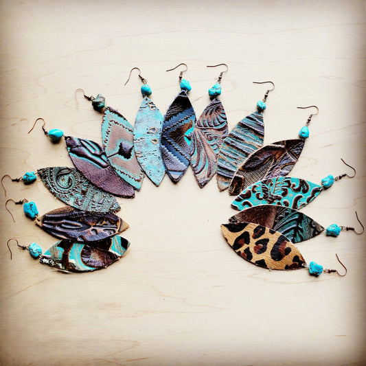 **Narrow Leather Oval Earrings Blue Navajo w/ Turquoise 206t