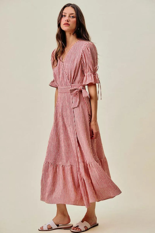 SO ME Stripe Textured Short Sleeves Lined Wrap Midi Dress