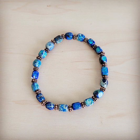 Genuine Regalite and Copper Stretch Beaded Bracelet Denim 812f