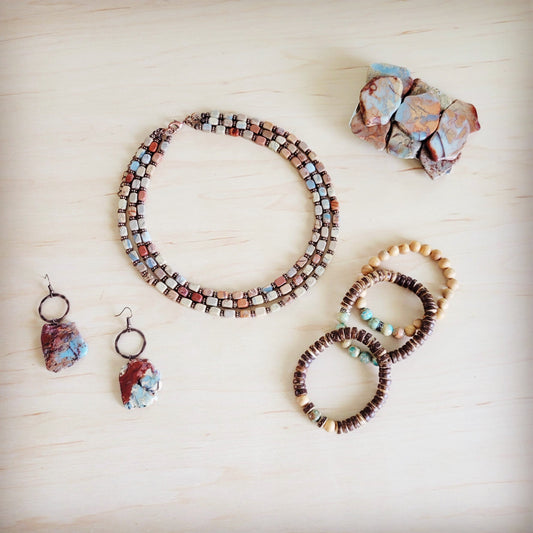Triple Strand Layered Boho Aqua Terra & Copper Necklace 264m