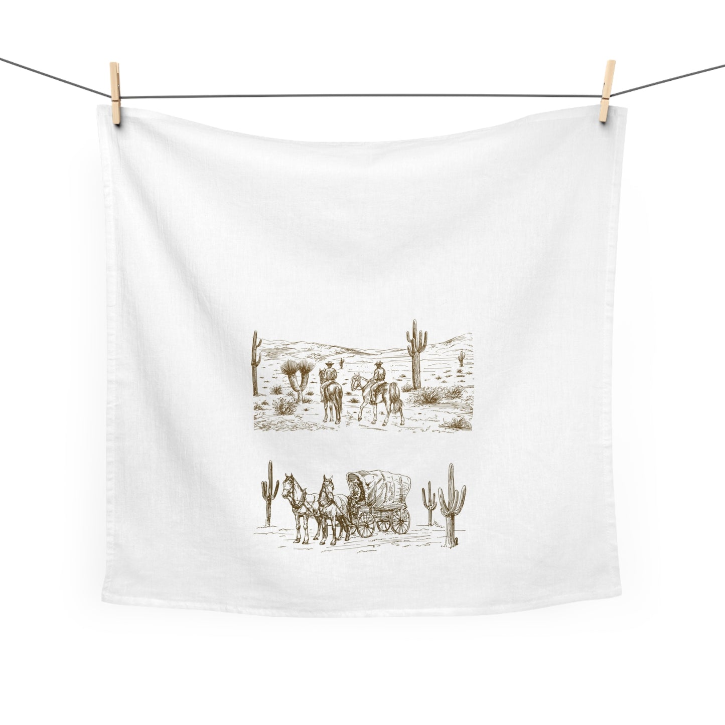 Rustic Western Tea Towel - Vintage Cowboy & Wagon Design