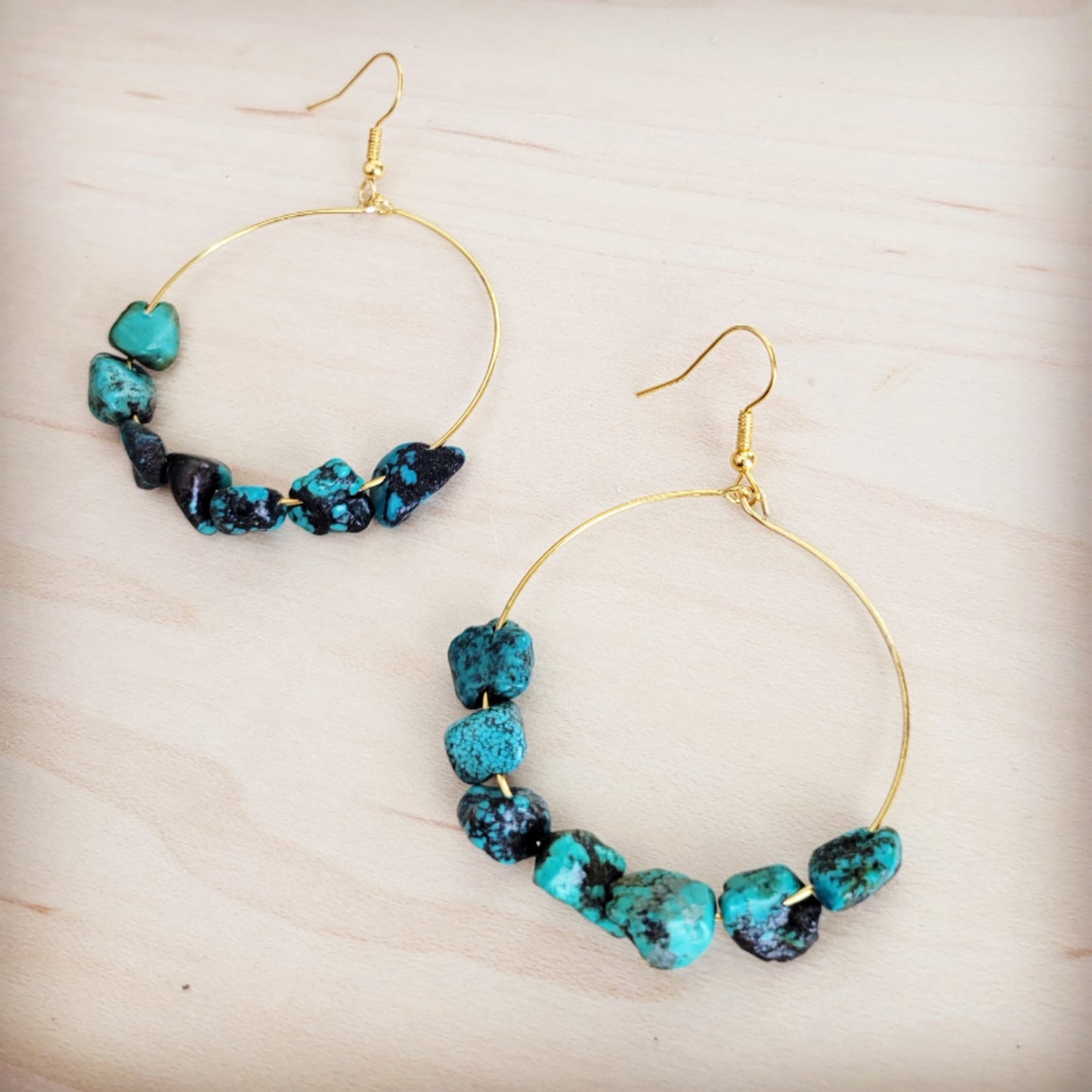 Beaded Hoop Earrings- Genuine Natural Turquoise Stones 200bi