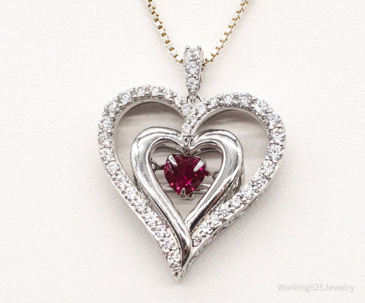 Vintage Designer SUN Ruby Cubic Zirconia Heart Sterling Silver Necklace
