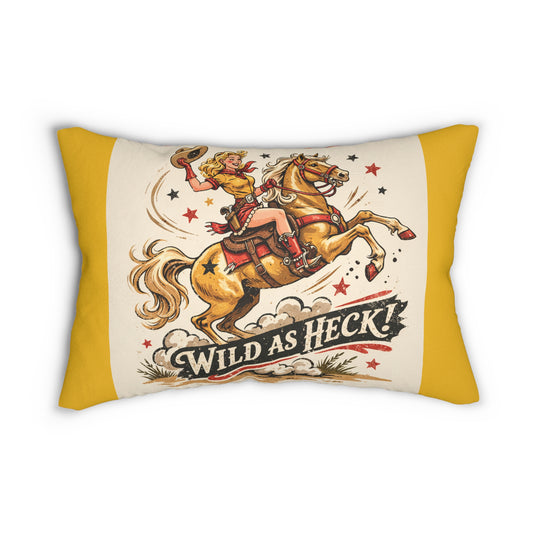 Wild As Heck Cowboy Lumbar Pillow — Retro Cowgirl Riding Horse Design