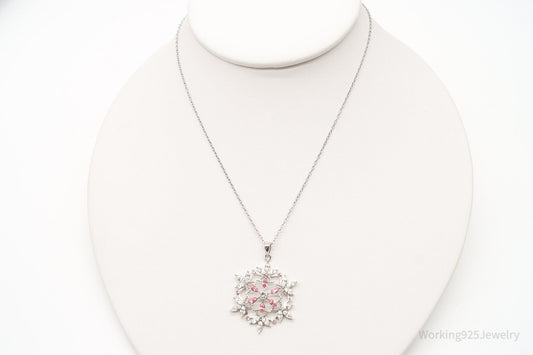 Vintage Designer RL Pink & White Crystal Snowflake Sterling Silver Necklace
