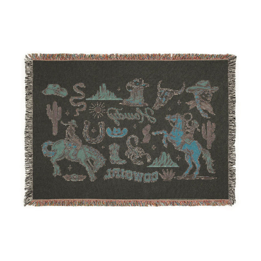 Cowboy Western Woven Blanket — Rodeo Cowboy & Cactus Throw