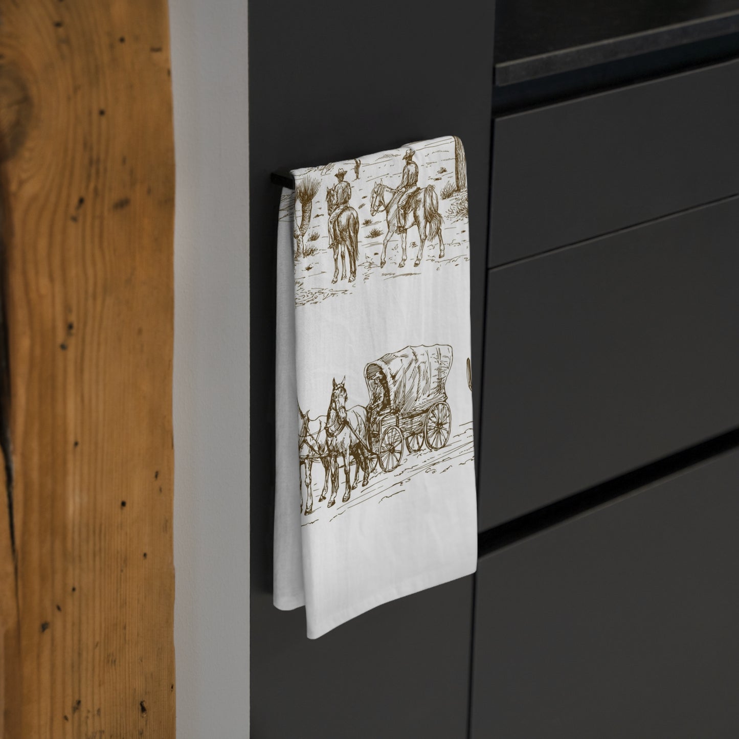 Rustic Western Tea Towel - Vintage Cowboy & Wagon Design