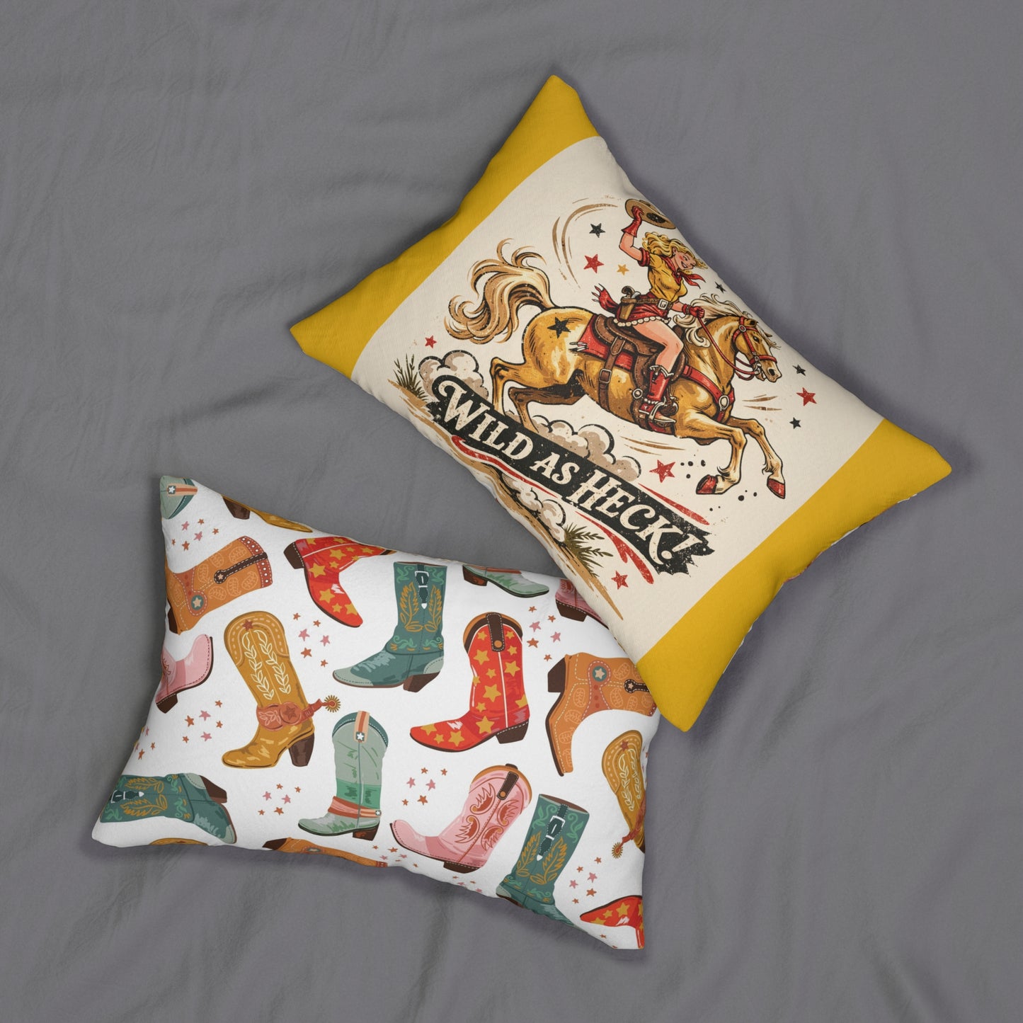 Wild As Heck Cowboy Lumbar Pillow — Retro Cowgirl Riding Horse Design