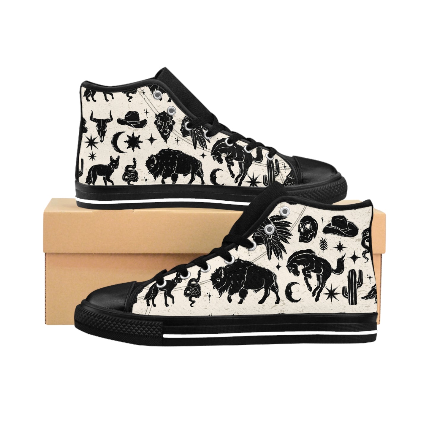 Desert Night Bohemian High-Top Sneakers, Vintage Style Footwear, Black and White Patterned Shoes, Ideal for Festivals, Casual Outings