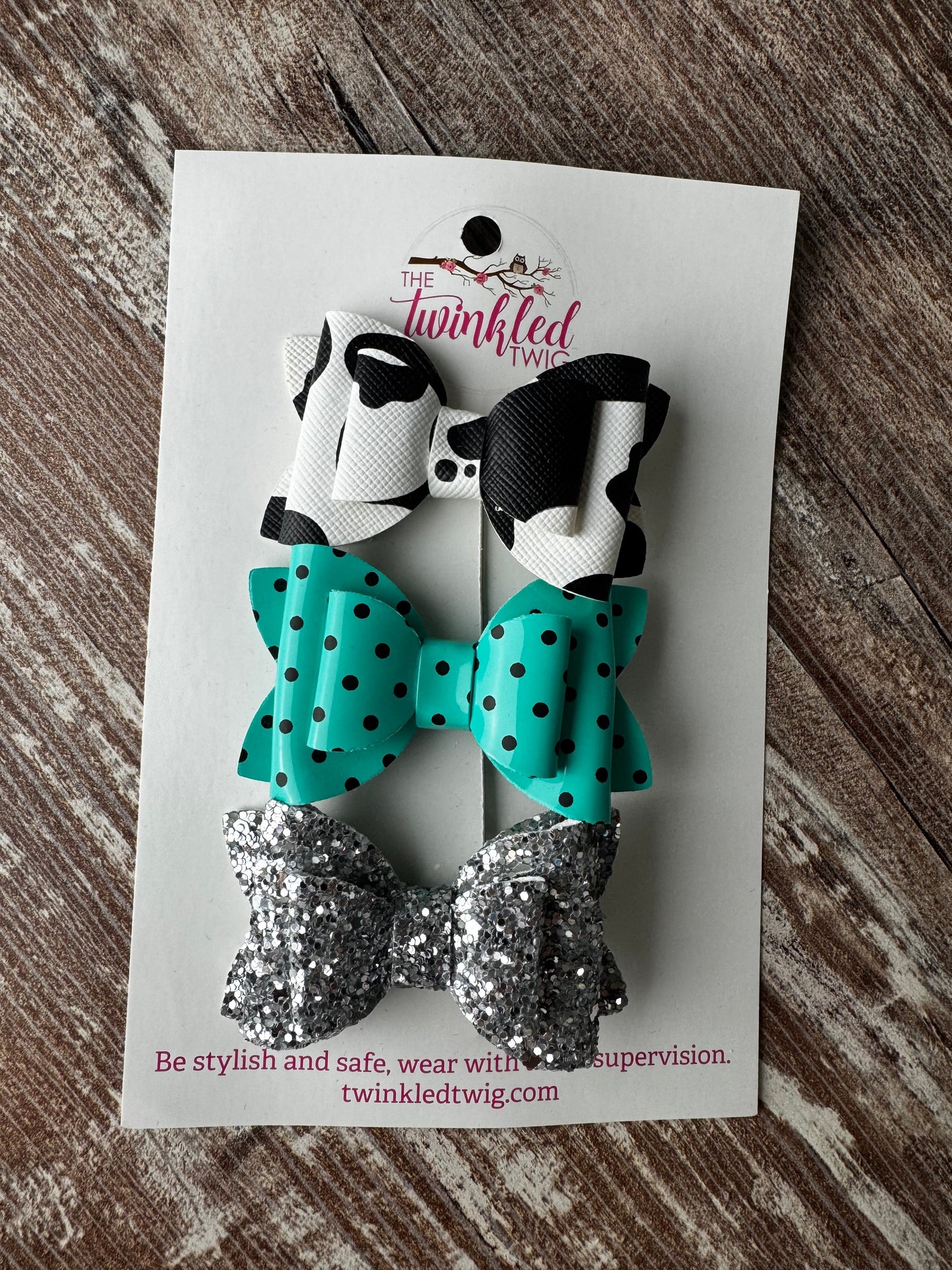 Handmade Hair Bow Set - Turquoise & Cow Clips