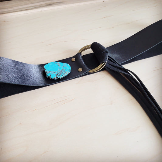 Black Leather Belt with Leather Fringe Closure and Turq Slab 908w